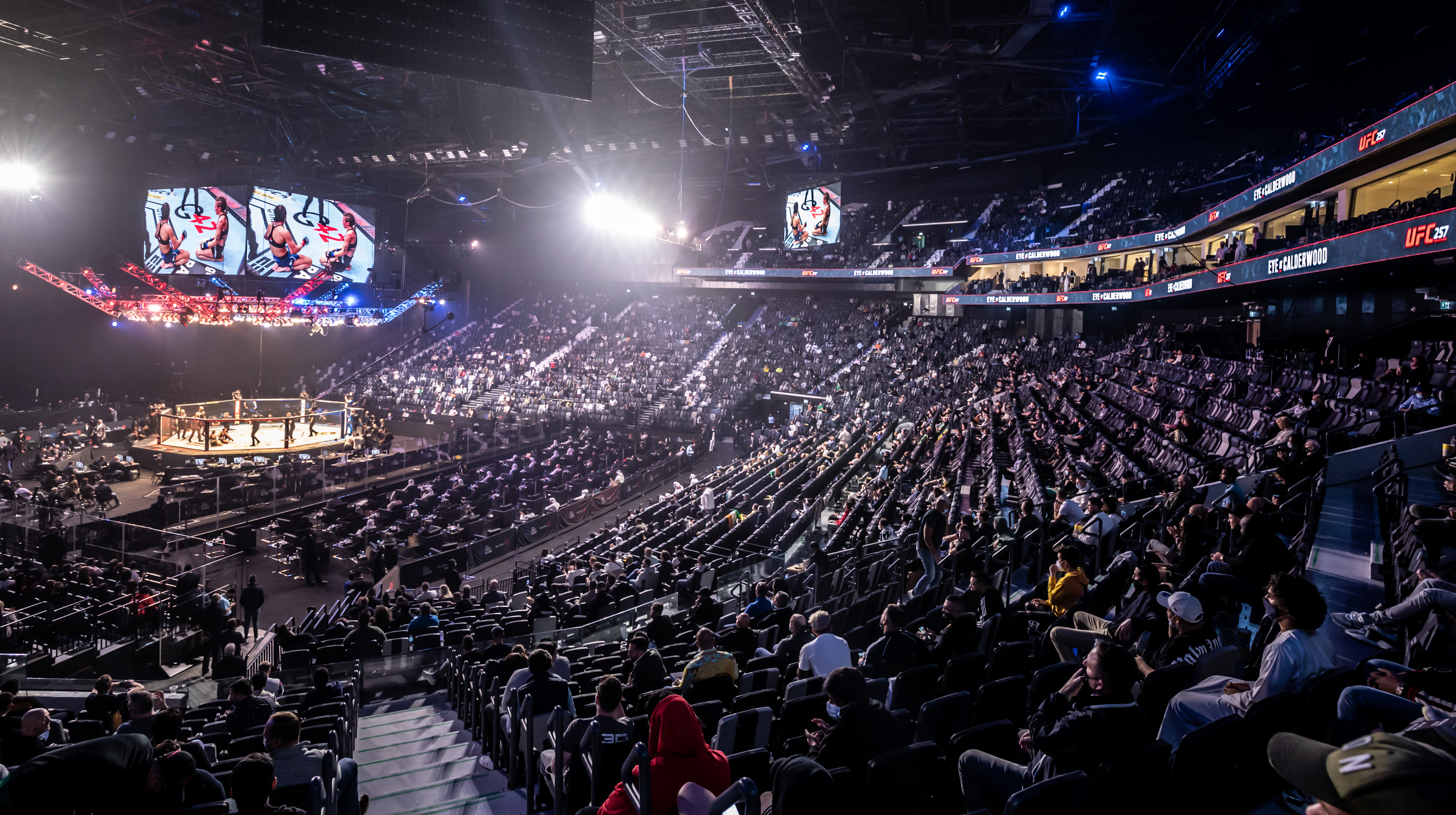 Crowd watching a live UFC fight in a packed arena with fighters in the octagon and screens above