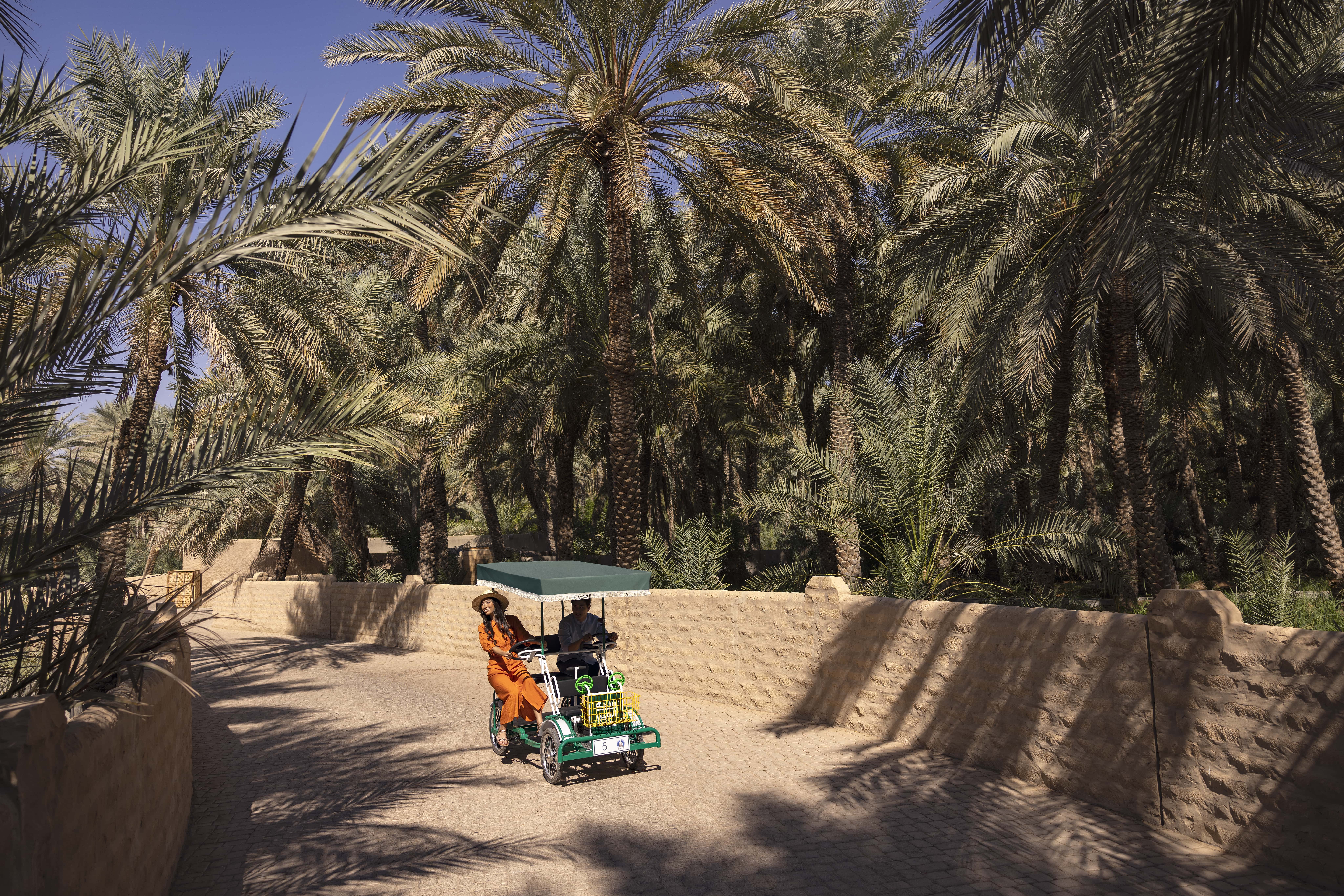 Couple riding a quad bike through a scenic palm grove trail under the sun in Al Ain, Abu Dhabi