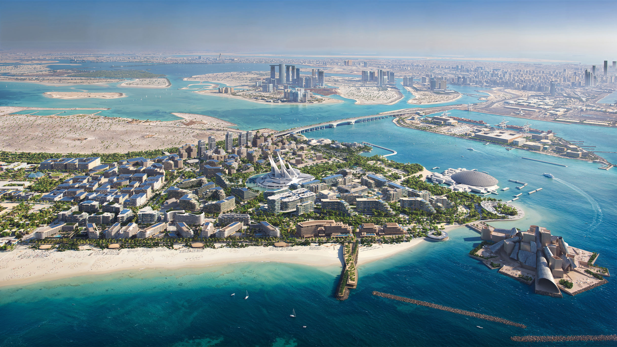 Aerial view of Saadiyat Island in Abu Dhabi with beaches, museums, and turquoise coastal waters